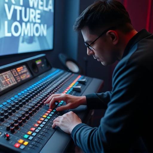 Un ingeniero de sonido trabajando en una consola de mezclas, ajustando los niveles de audio.