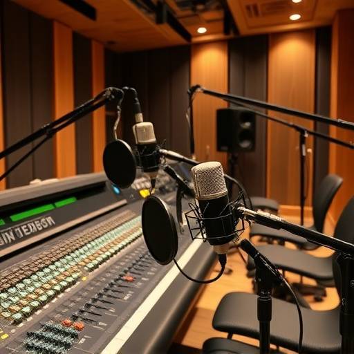 Vista general del estudio de grabaci√≥n con una consola de mezclas de alta gama y micr√≥fonos profesionales.